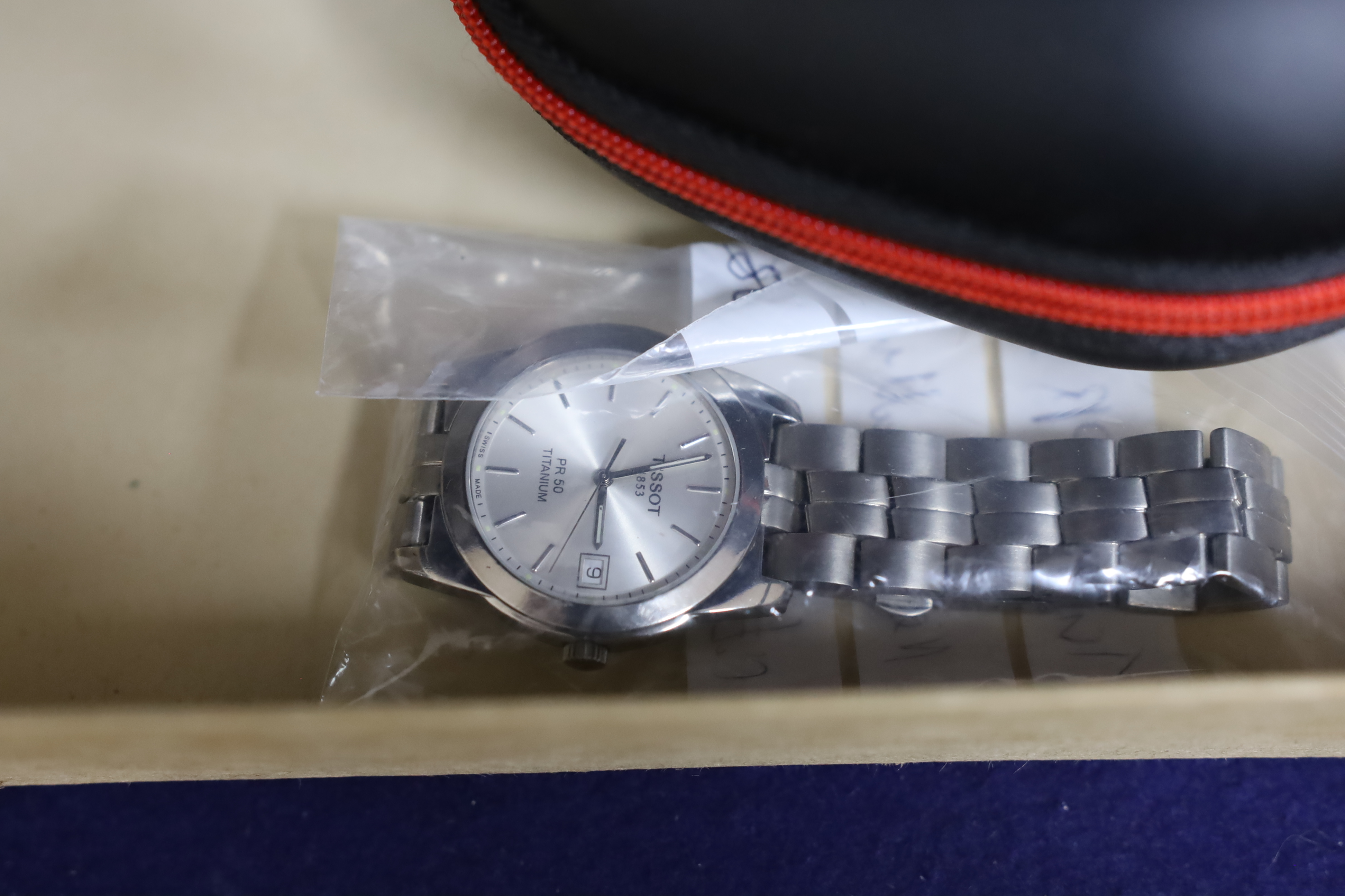 A gentleman's modern stainless steel Citizen Ecodrive wrist watch, two Maurice Lacroix watches and two Tissot watches including PR50 Titanium, four with boxes.